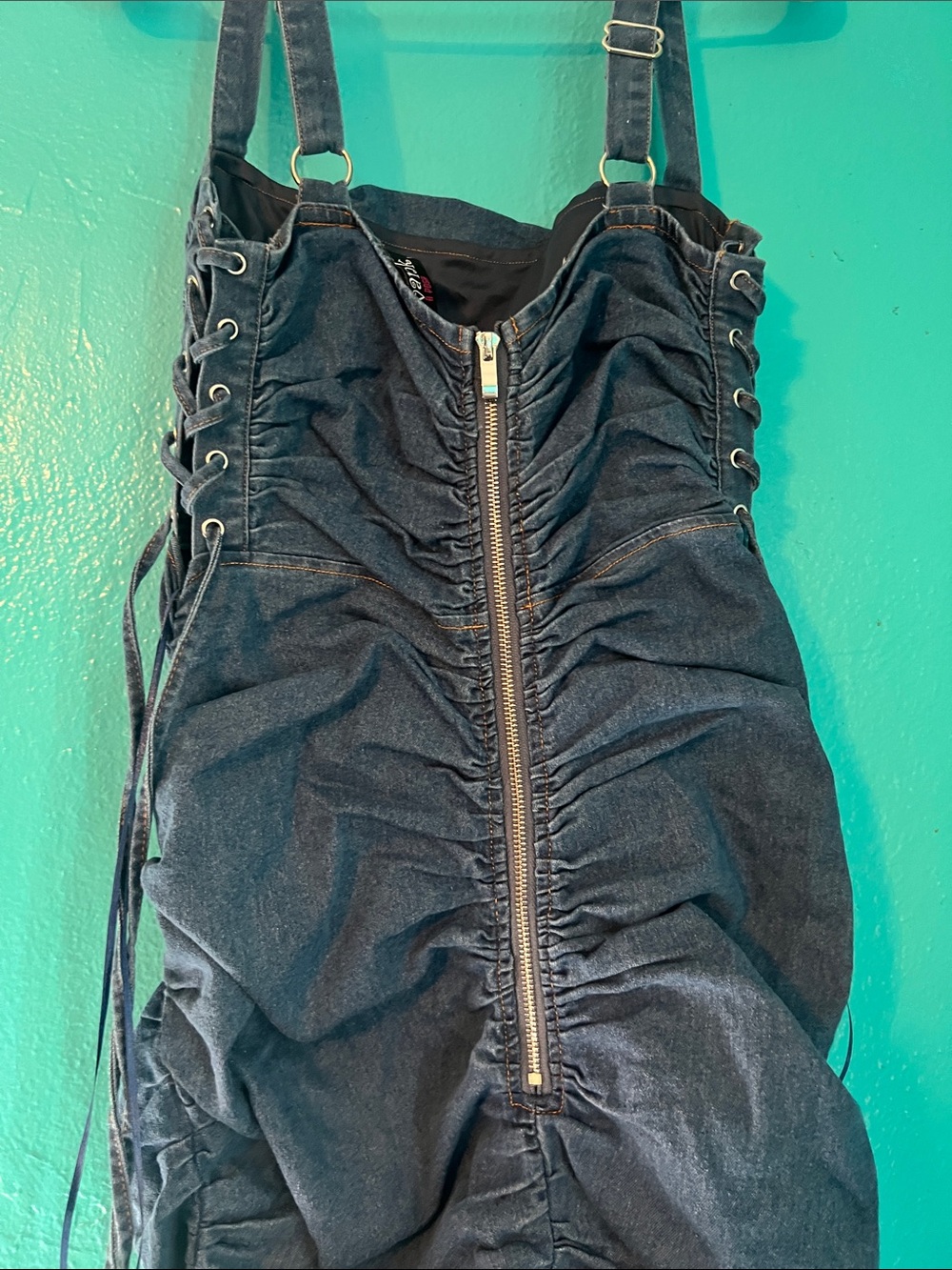 Women’s Large Dark Blue Denim Ruched Dress with Adjustable Straps - Picture 5 of 12